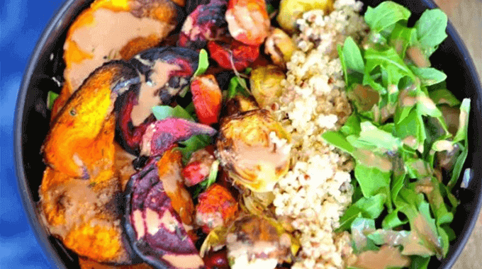 Roasted Veggie Tahini Quinoa Bowl